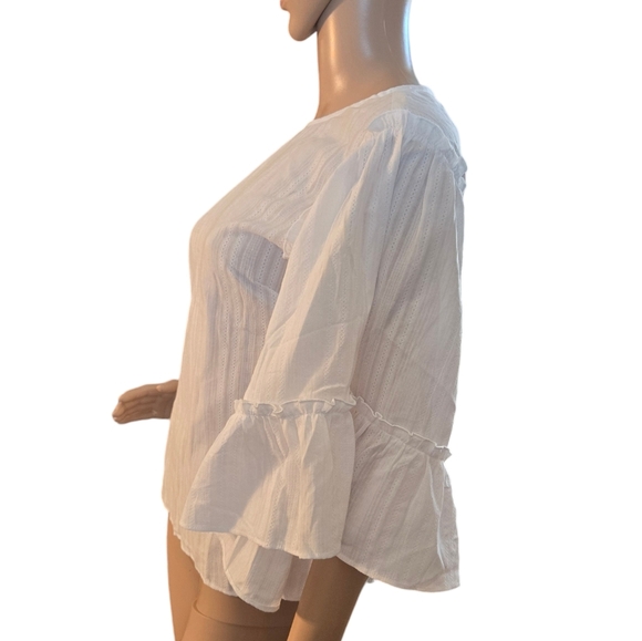 English Factory Womens Ruffle Wide Sleeve Top All Over Stripe Linen White Sz XS - Picture 4 of 8